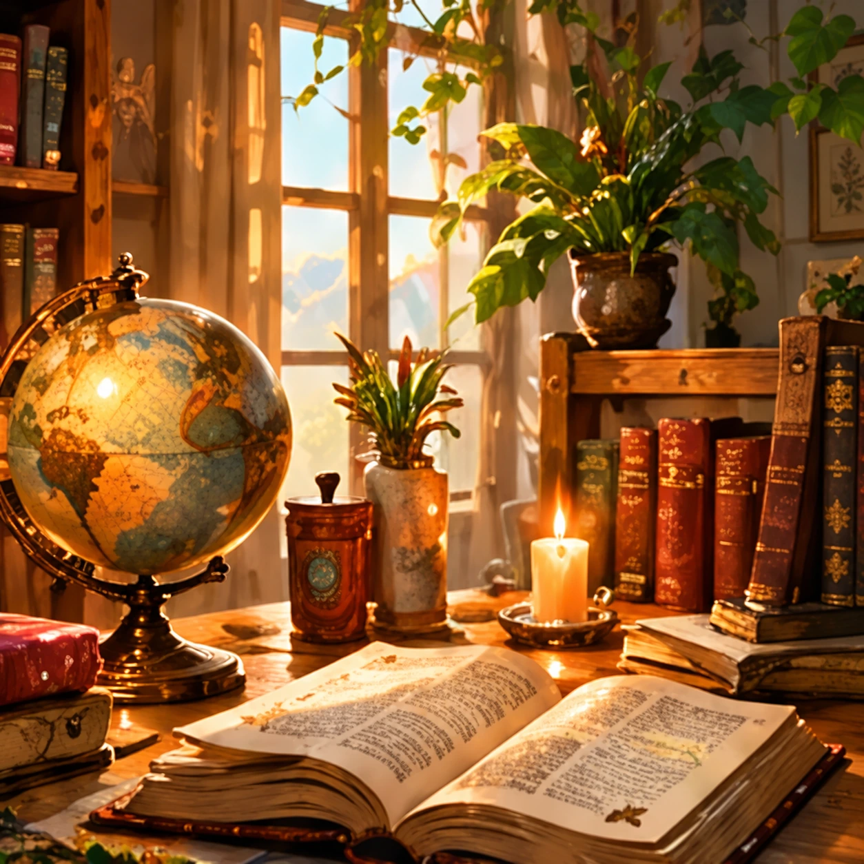 Gemütliche Bibliothek mit aufgeschlagenem Buch